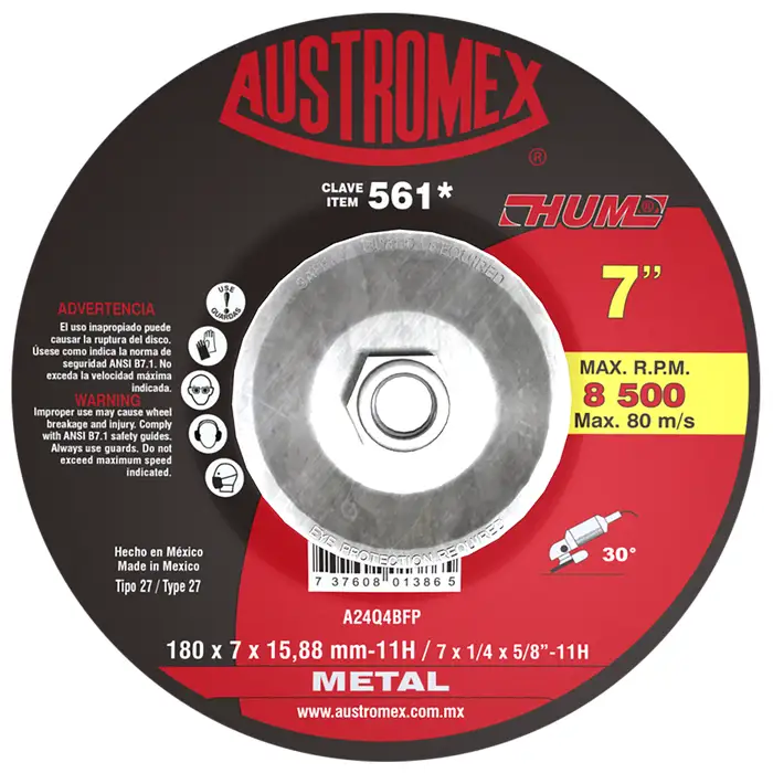 DISCO ABRASIVO DE DESBASTE 7 x1/4"x 5/8" CON TUERCAS HUM AUSTROMEX AUSTROMEX -561 - Mersol Sureste México