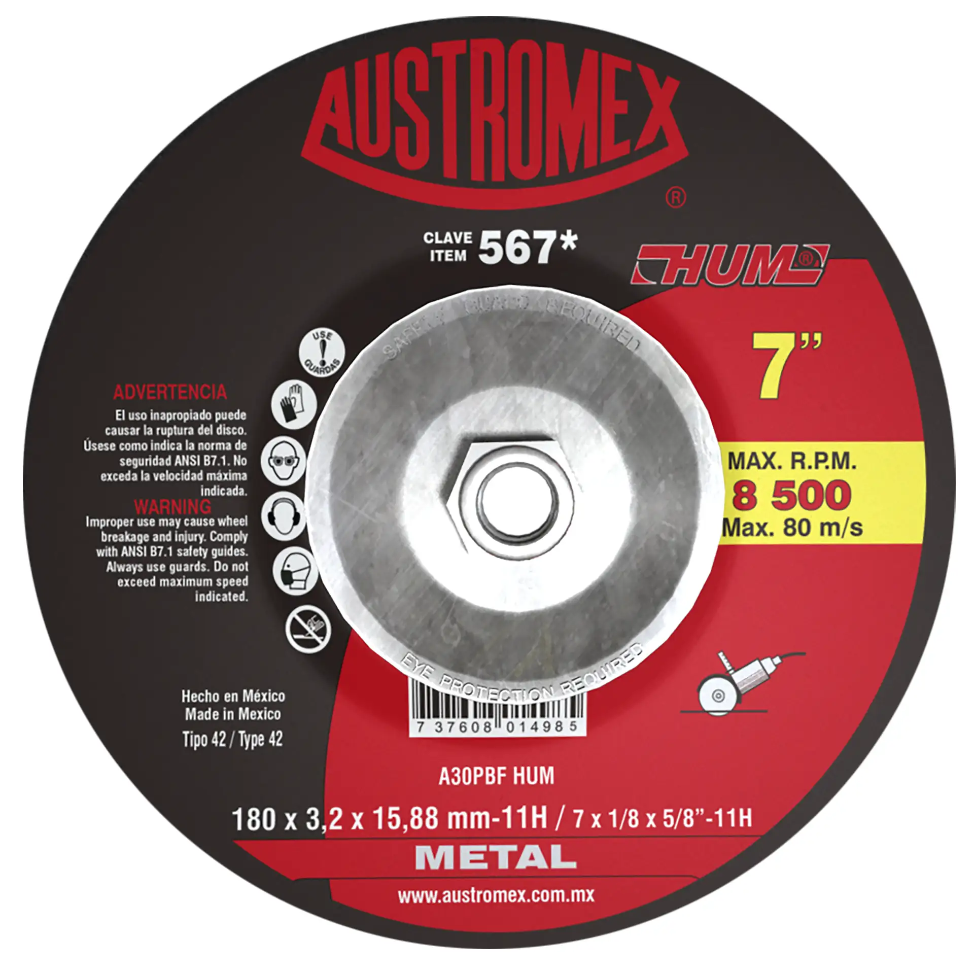 DISCO ABRASIVO CORTE METAL 7 x1/8" x 5/8"-11 CON TUERCA HUM AUSTROMEX AUSTROMEX -567 - Mersol Sureste México