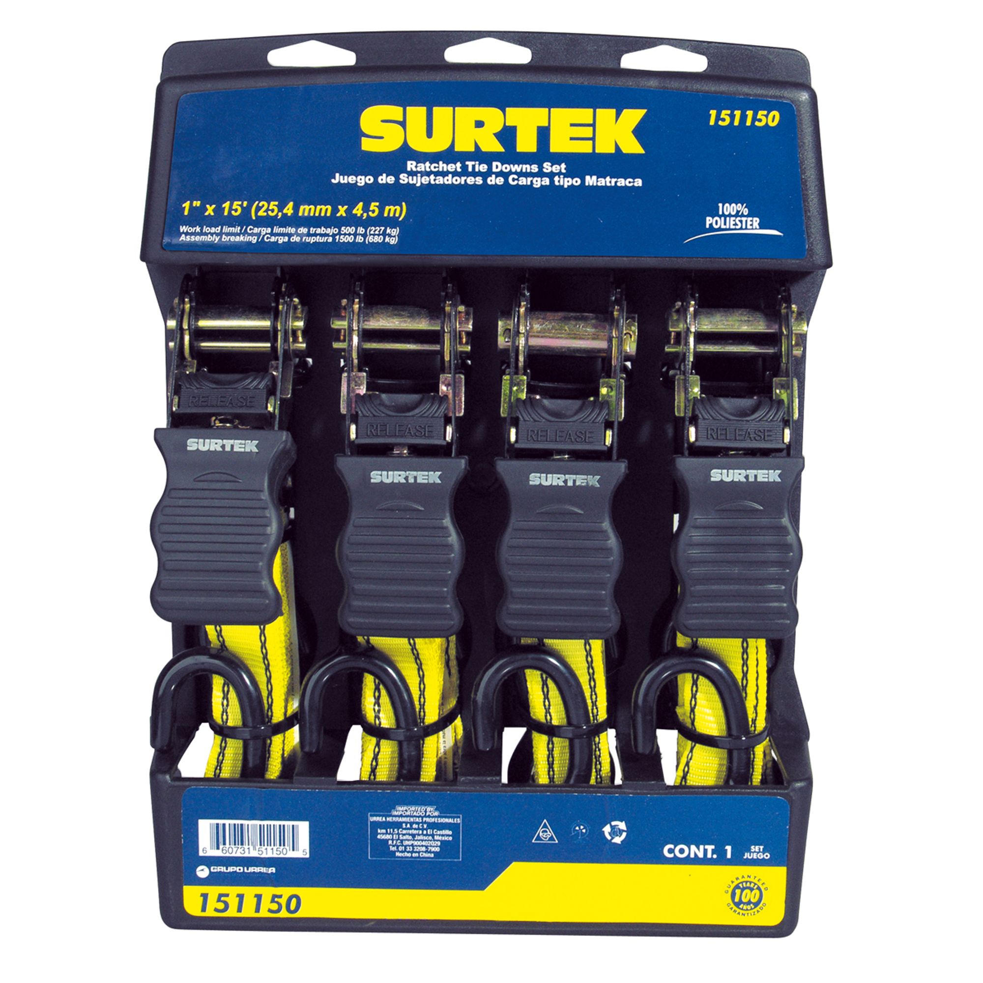 JGO DE 4 SUJETADORES Y TENSOR TIPO MATRACA 4.5M SURTEK SURTEK 151150 - Mersol Sureste México