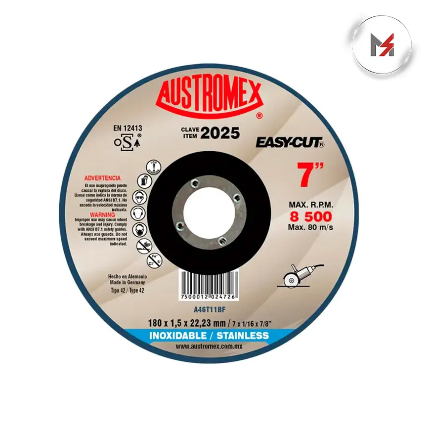 DISCO CENTRO DEPRIMIDO CORTE ACERO INOX. 7 X 1/16 X 7/8 EASY AUSTROMEX 2025 - Mersol Sureste México