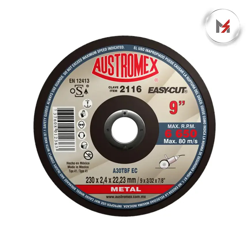 DISCO CORTE METAL 9 x 3/32 x 7/8 T-41 USO GNRL OXI ALUM AUST AUSTROMEX 2116 - Mersol Sureste México