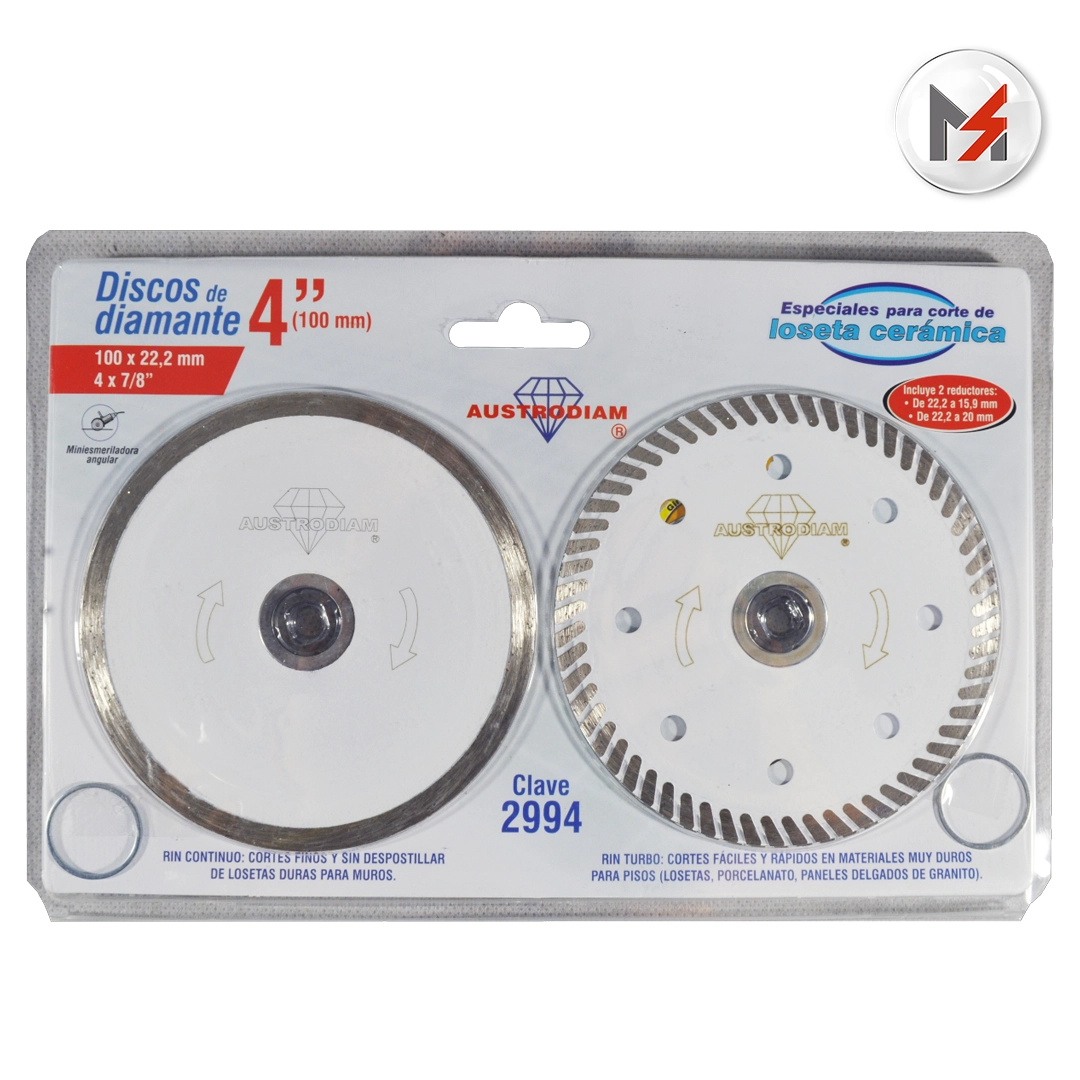 KIT DISCOS DIAMANTE DE 100x22.2mm PARA CORTE LOSETA CERAMICA Y PORCELANATO AUSTROMEX