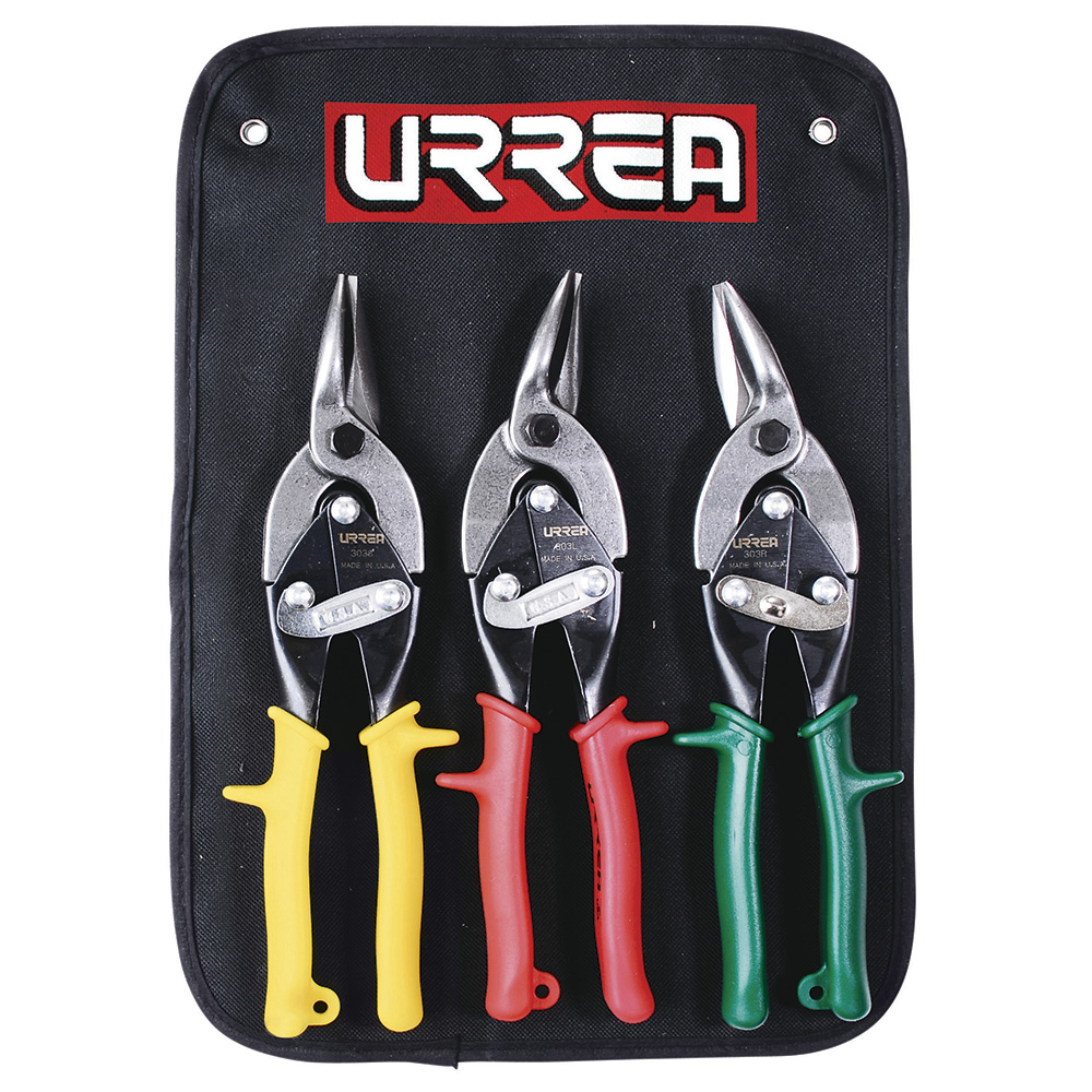 JGO. 3 TIJERAS MANGO RUBBER GRIP P/HOJALATERO TIPO AVIACION URREA 30301 - Mersol Sureste México