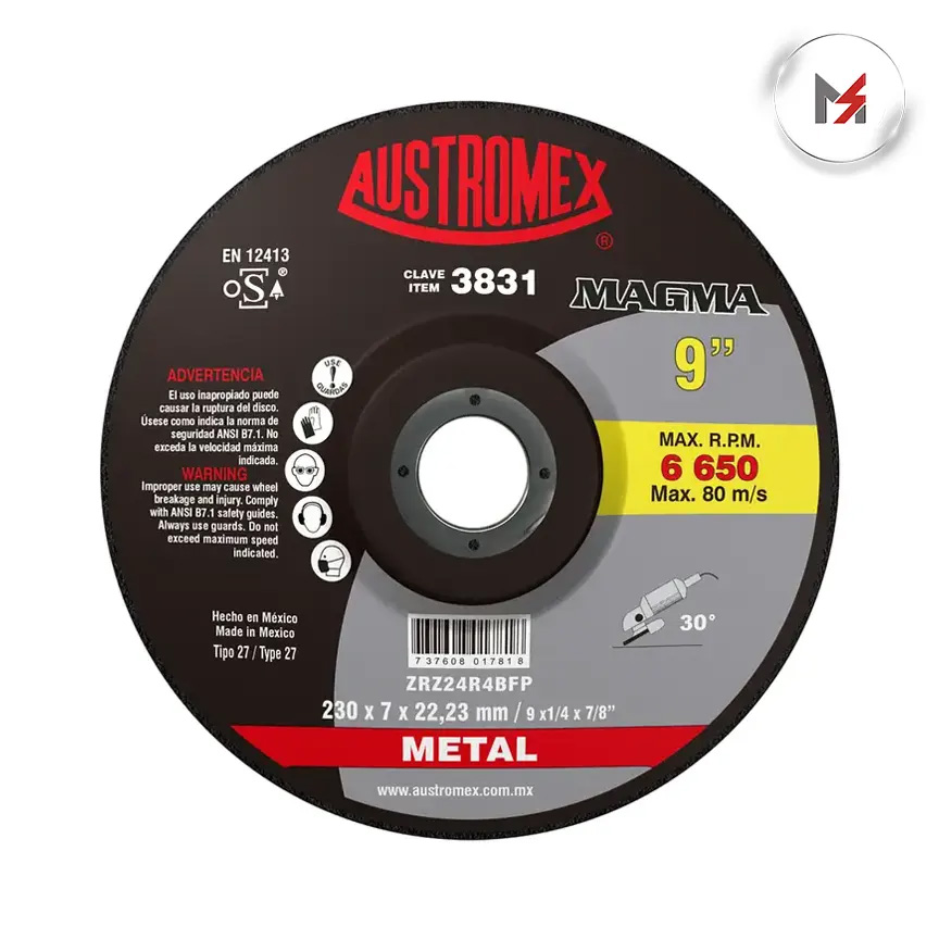DISCO CON CENTRO DEPRIMIDO PARA DESBASTE DE METAL 9 X 1/4 X AUSTROMEX 3831 - Mersol Sureste México
