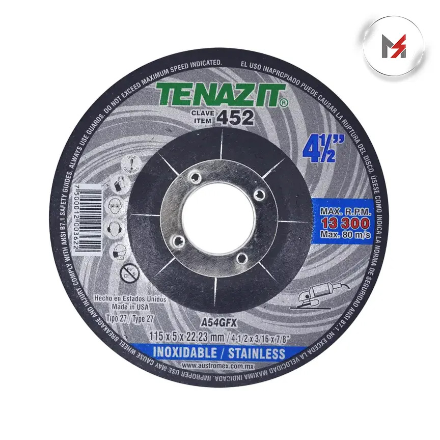 DISCO ABRASIVO ESMERILAR  Y PULIR ACERO 4-1/2 x 3/16 x 7/8 A AUSTROMEX 452 - Mersol Sureste México