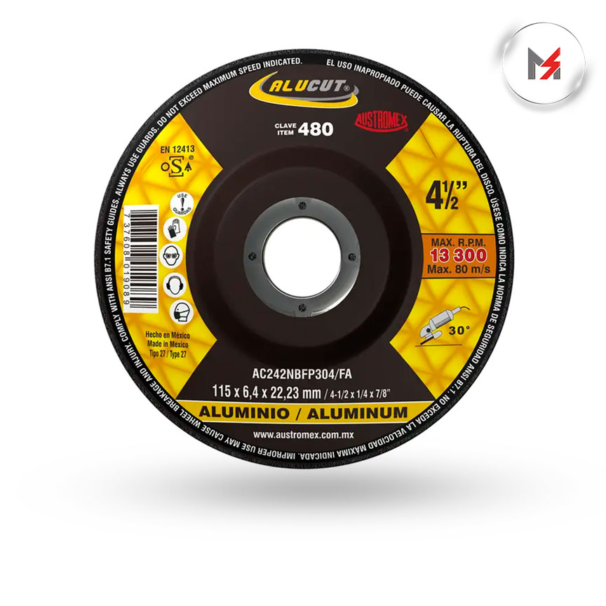 DISCO DESBASTE ALUMINIO CENTRO DEPRIMIDO 4-1/2 X 1/4 X 7/8 A AUSTROMEX 480 - Mersol Sureste México