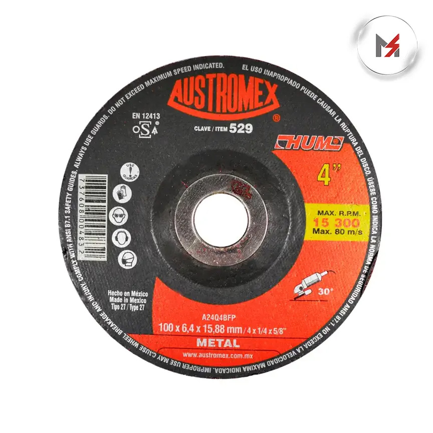 DISCO DESBASTE METAL 4in x 1/4 x 5/8 AUSTROMEX AUSTROMEX 529 - Mersol Sureste México