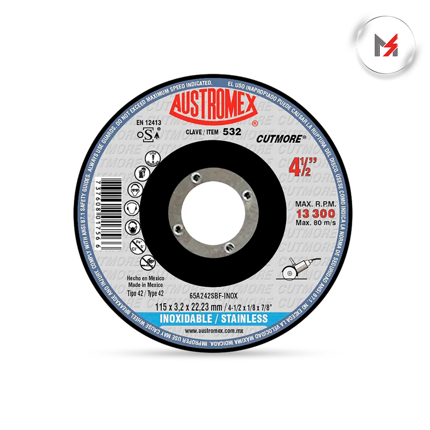 DISCO CORTE ACERO INOX.CENTRO DEPRIMIDO  4-1/ x 21/8 CUTMORE AUSTROMEX 532 - Mersol Sureste México