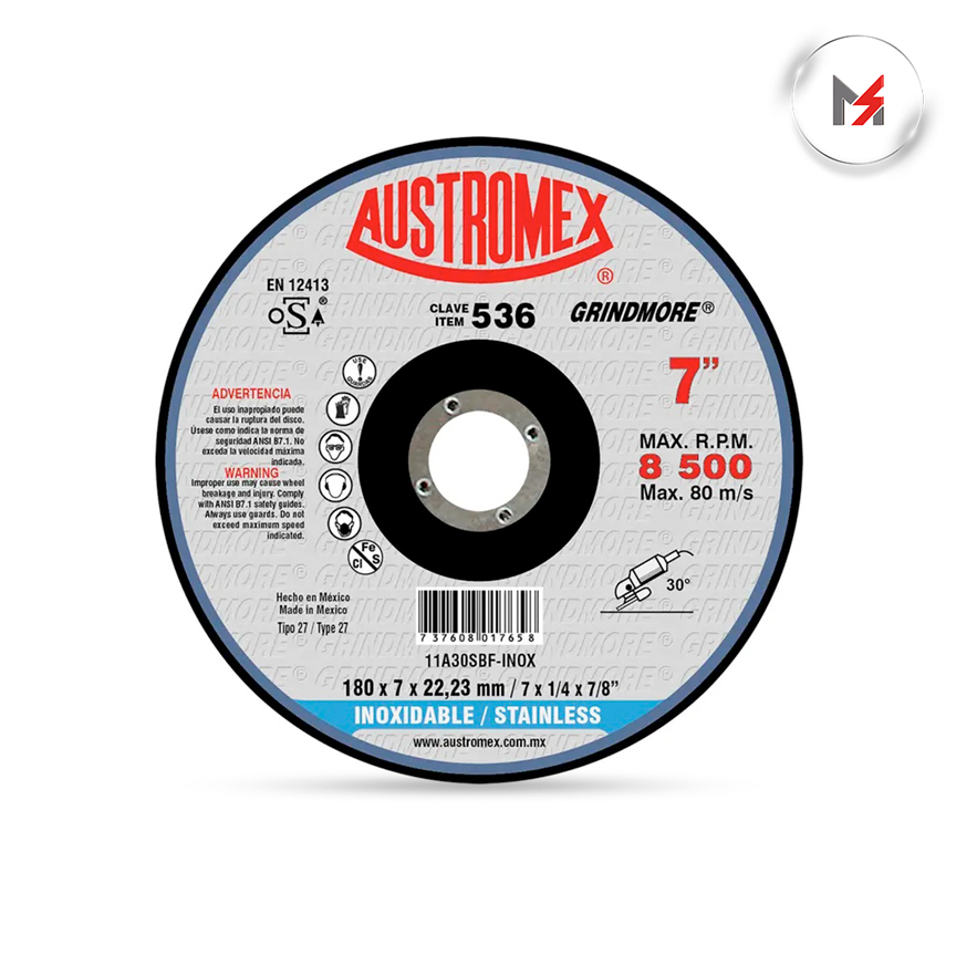 DISCO DESBASTE ACERO INOX. CENTRO DEPRIMIDO 7 x 1/4 x 7/8 GR AUSTROMEX 536 - Mersol Sureste México