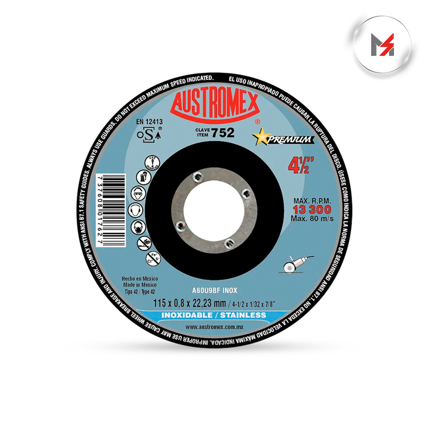 DISCO CORTE ACERO INOX. 4-1/2 x 1/32 x 7  AUSTROME AUSTROMEX 752 - Mersol Sureste México