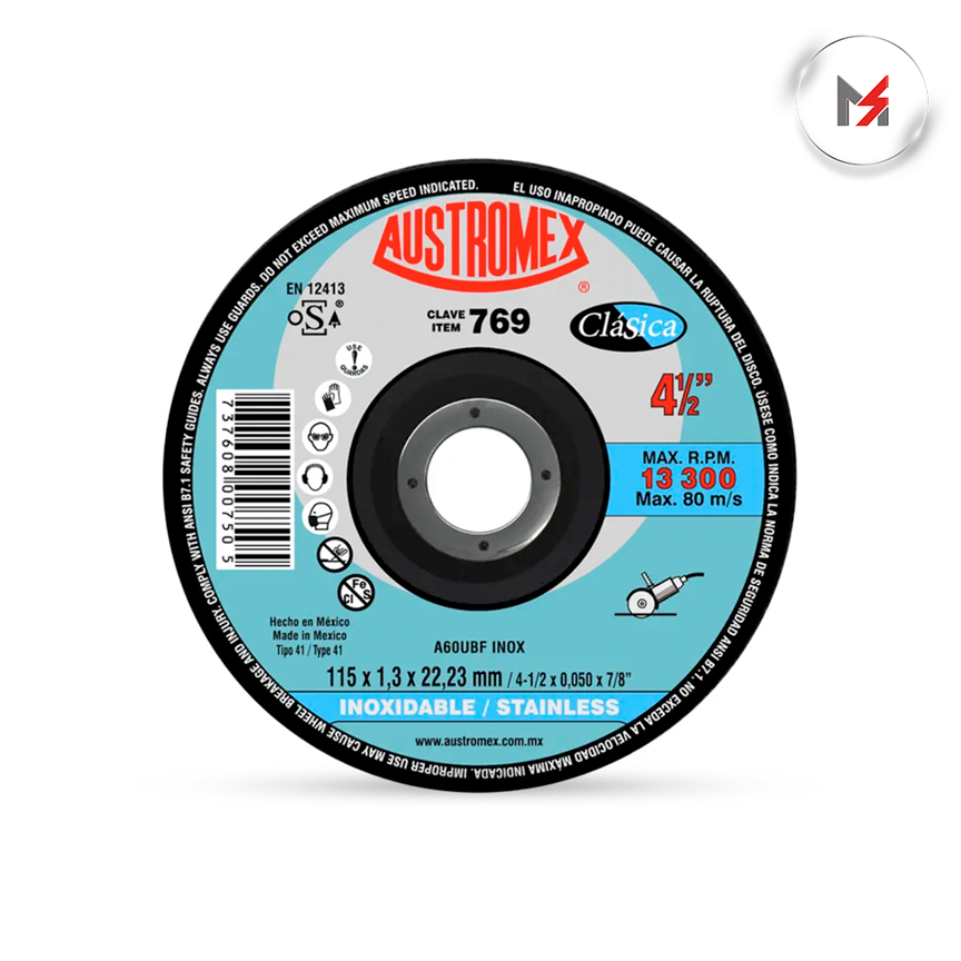 DISCO CORTE ACERO INOX. 4-1/2 x 3/64 x 7/8 CLASICA SSTTO. 3 AUSTROMEX 769 - Mersol Sureste México