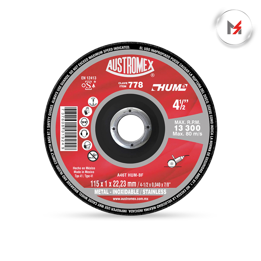 DISCO CORTE ACERO INOX 4-1/2 x 3/64 x 7/8 A HUM AUSTROMEX