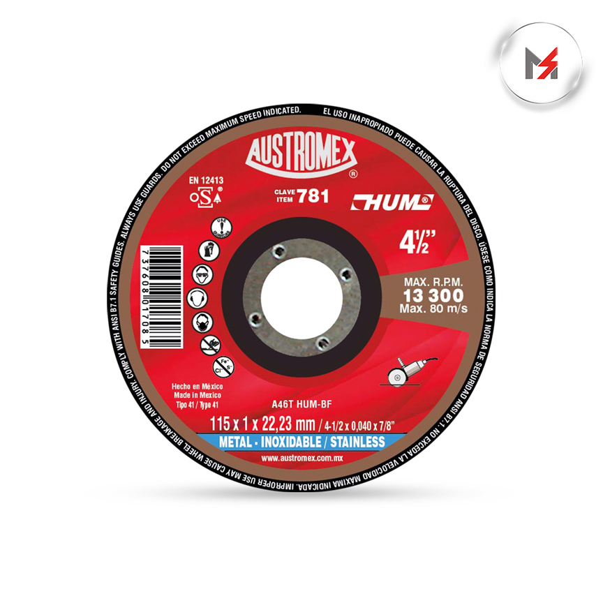DISCO CORTE ACERO INOX. 4-1/2 x 3/64 x 7/8 HUM AUSTROMEX AUSTROMEX 781 - Mersol Sureste México