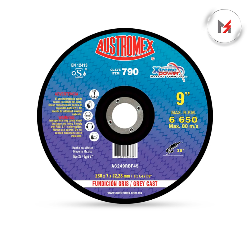 DISCO PARA DESBASTE FUNDICION GRIS 9 x 1/4 x 7/8 MOD AUS AUSTROMEX 790 - Mersol Sureste México