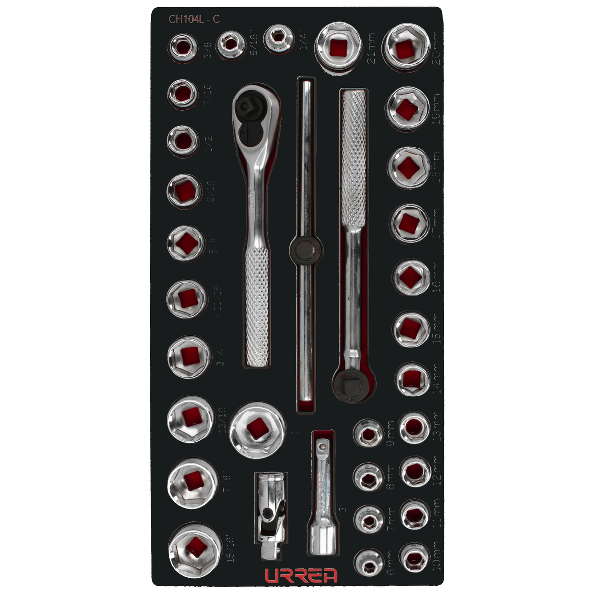 JGO. DADOS Y ACCESORIOS CUADRO 3/8 - SAE & MM - CORTOS 34 PI URREA CH104 - Mersol Sureste México