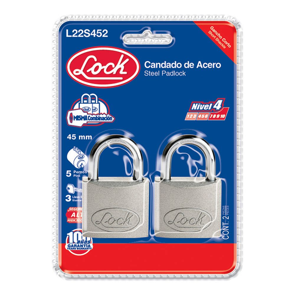 JGO. CANDADO ACERO CORTO LLAVE STD. 2 PZS 45MM CROMO SATIN LOCK L22S452 - Mersol Sureste México