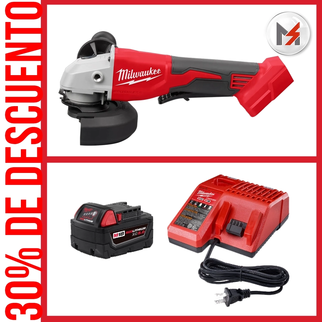 ESMERILADORA M18 E 4-1/2" a 5" + KIT BAT Y CARGADOR 48591850 MILWAUKEE