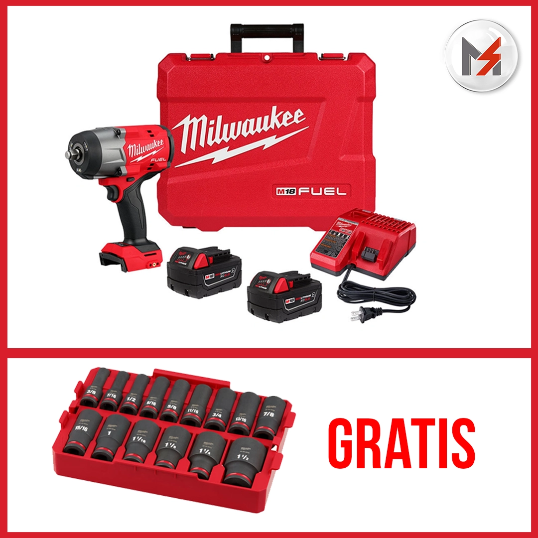 LLAVE DE IMPACTO DE TORQUE ALTO M18 FUEL DE 1/2" CON ANILLO DE FRICCIÓN + DADOS 49666817 MILWAUKEE